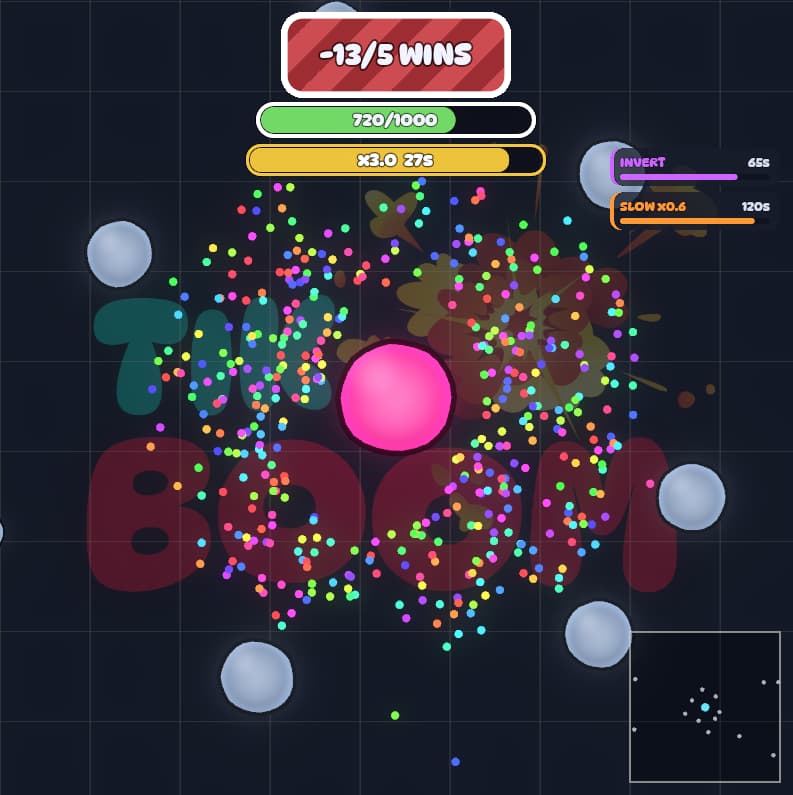 The Megablob arena on a 1:1 overlay: the magenta player blob in the center, a wins badge, mass and multiplier bars, active debuff chips, colorful food pellets and a minimap.
